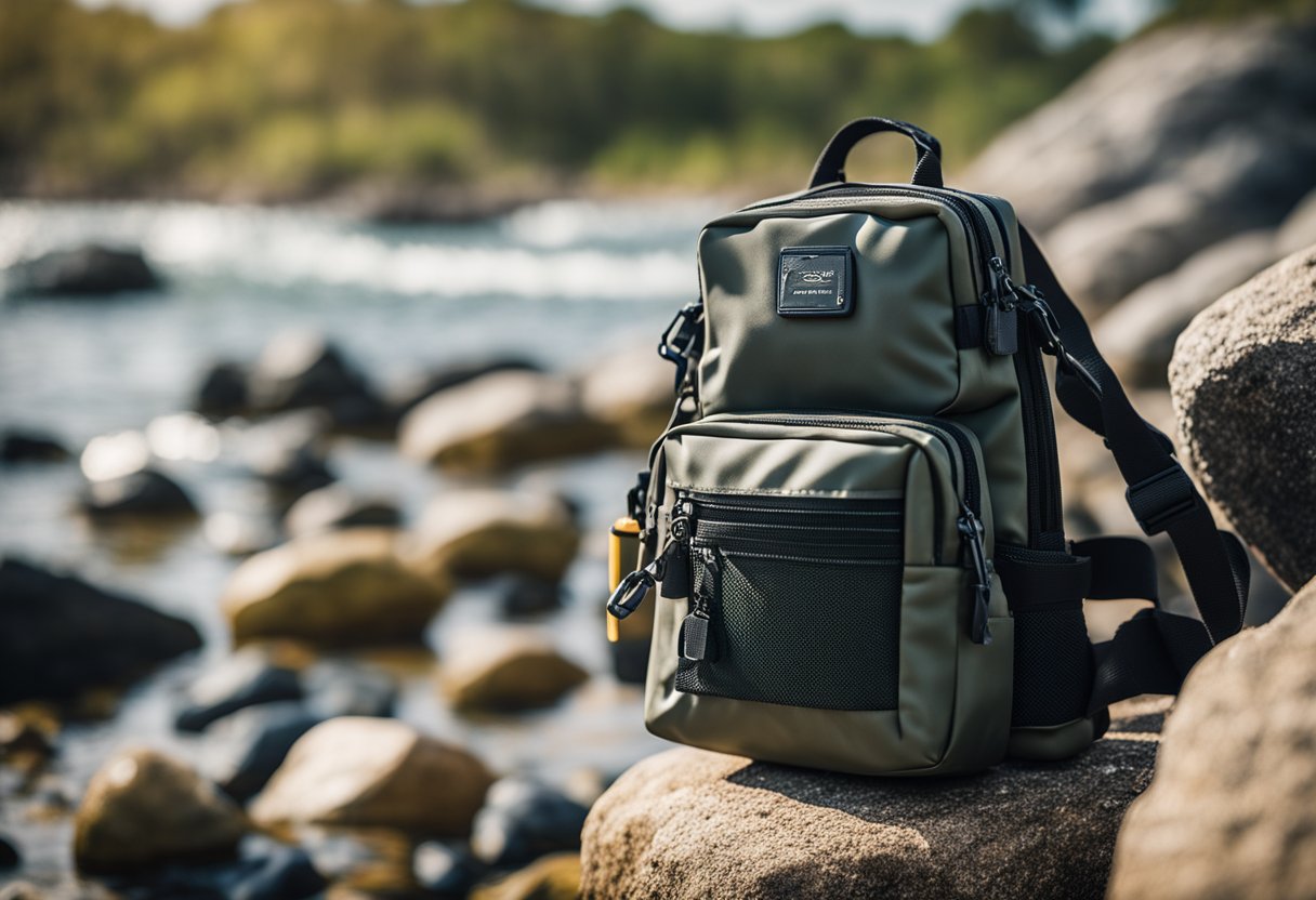 A compact fishing sling pack with waterproof zippers on a rocky saltwater shore