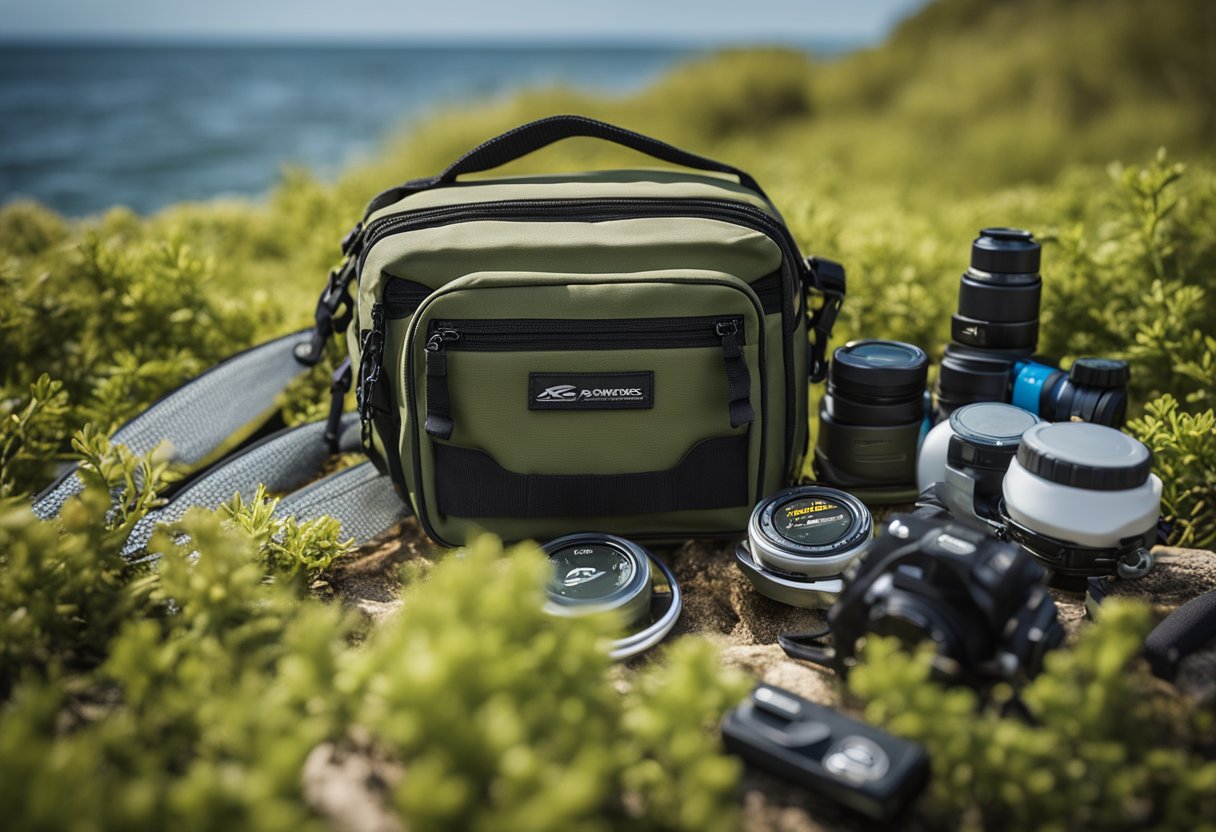 A compact fishing sling pack with waterproof zippers, featuring key brands and models, set against a backdrop of a serene saltwater fishing location