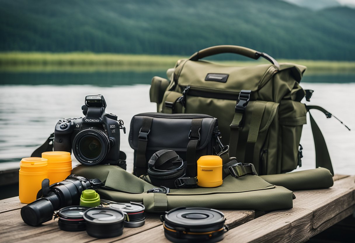 A fishing sling pack lying open on a dock, surrounded by scattered fishing gear and a tranquil river in the background