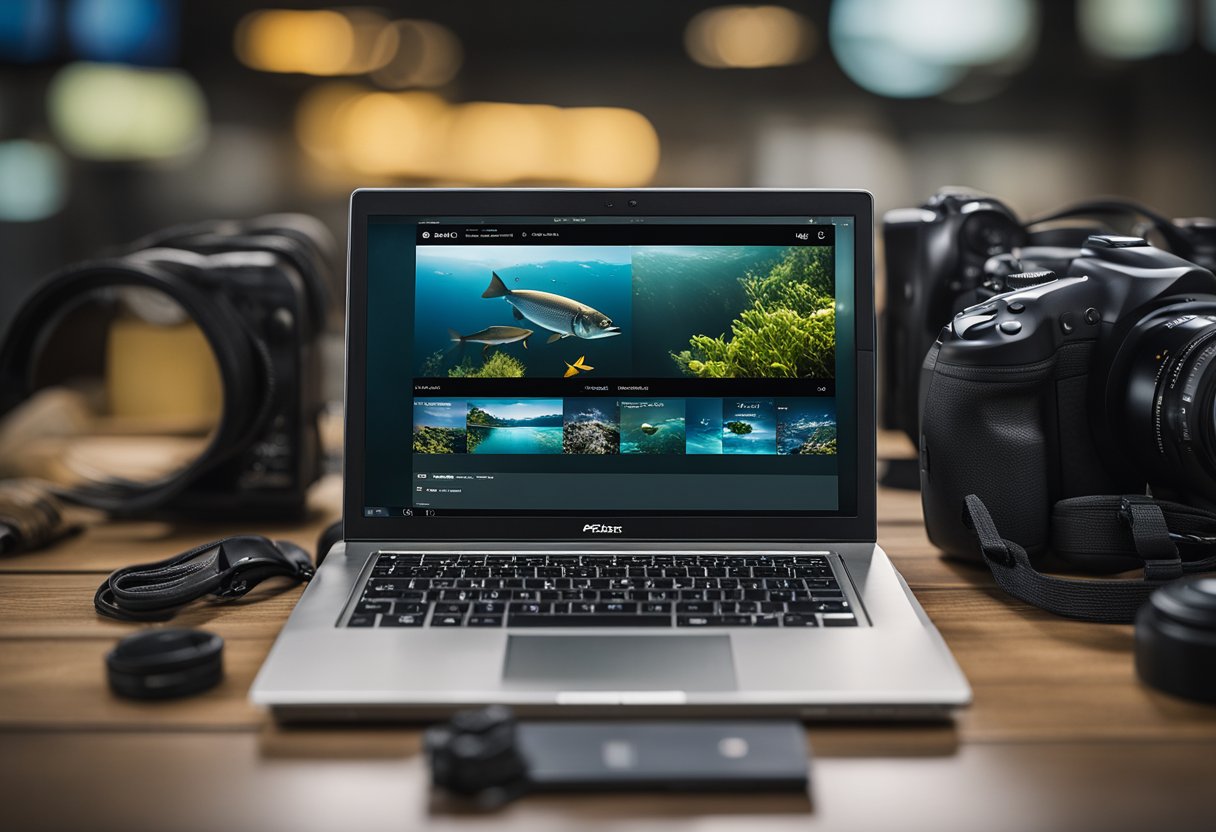 A fishing sling pack displayed on a computer screen, surrounded by search bar and review ratings