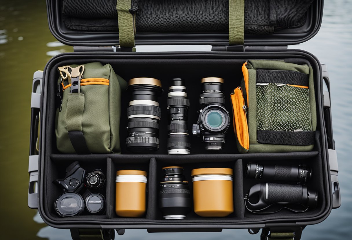 A fishing sling pack with various pockets and compartments, surrounded by fishing gear and set against a scenic river backdrop