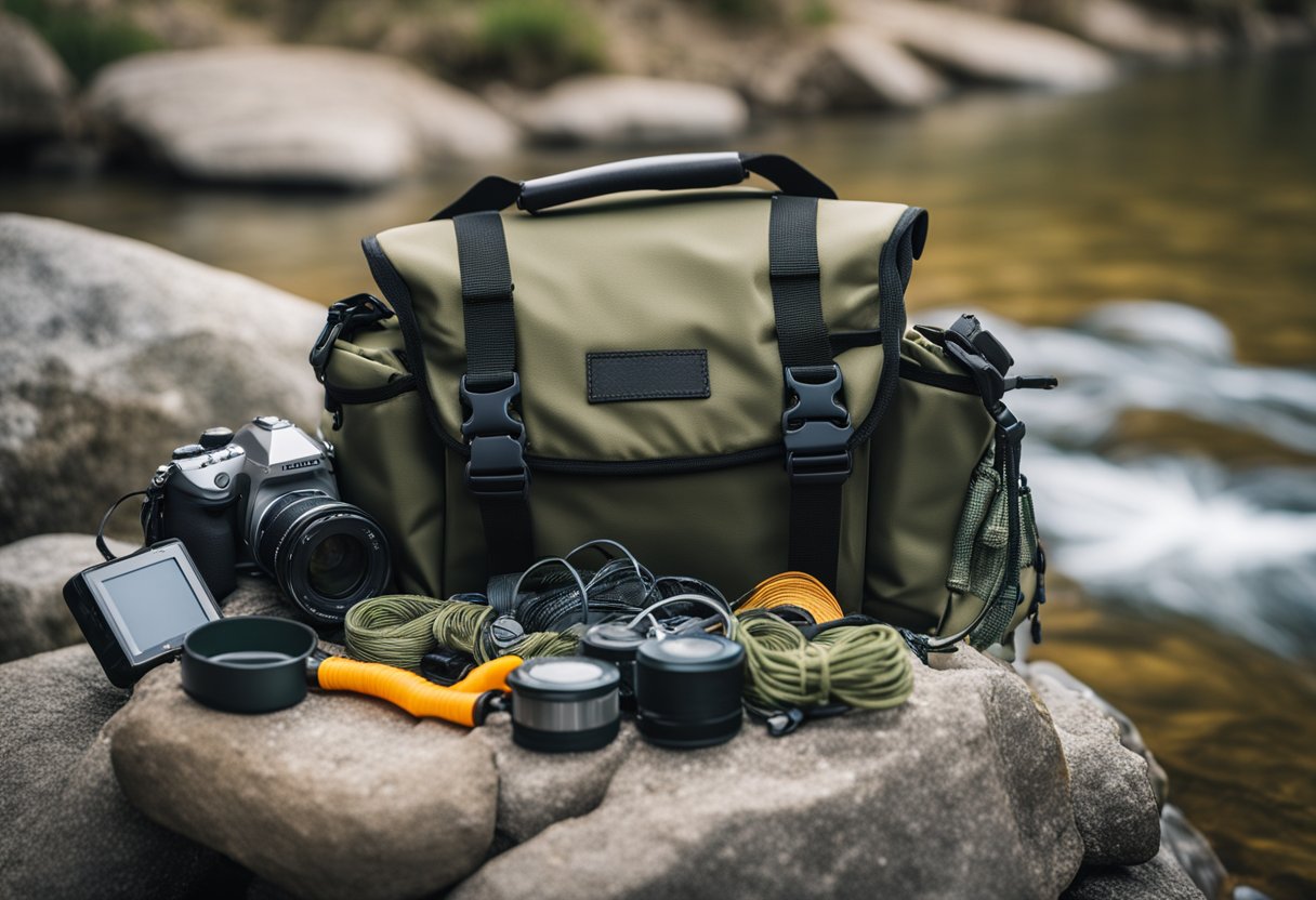 A fishing sling pack lying open on a rocky riverbank, surrounded by scattered fishing gear and a tranquil river in the background