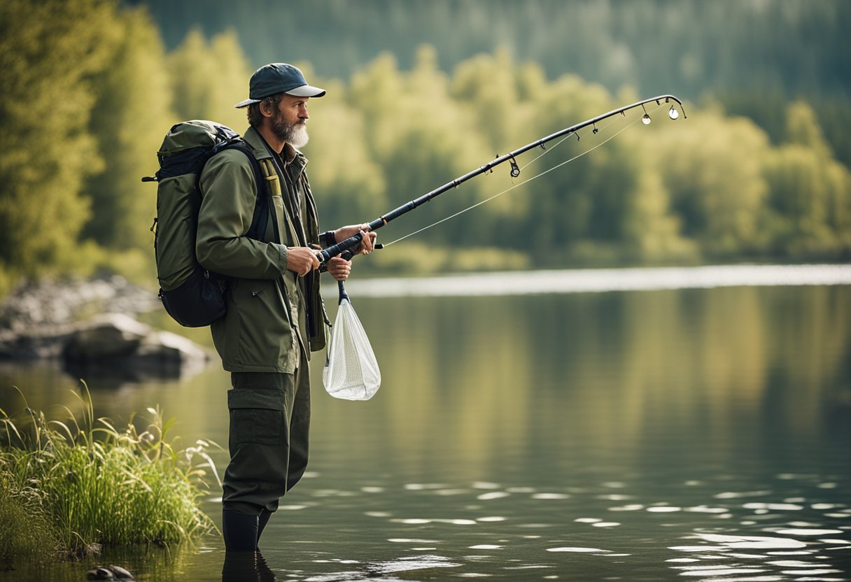 A fisherman wearing a waterproof, lightweight sling pack, standing by a tranquil river with fishing gear