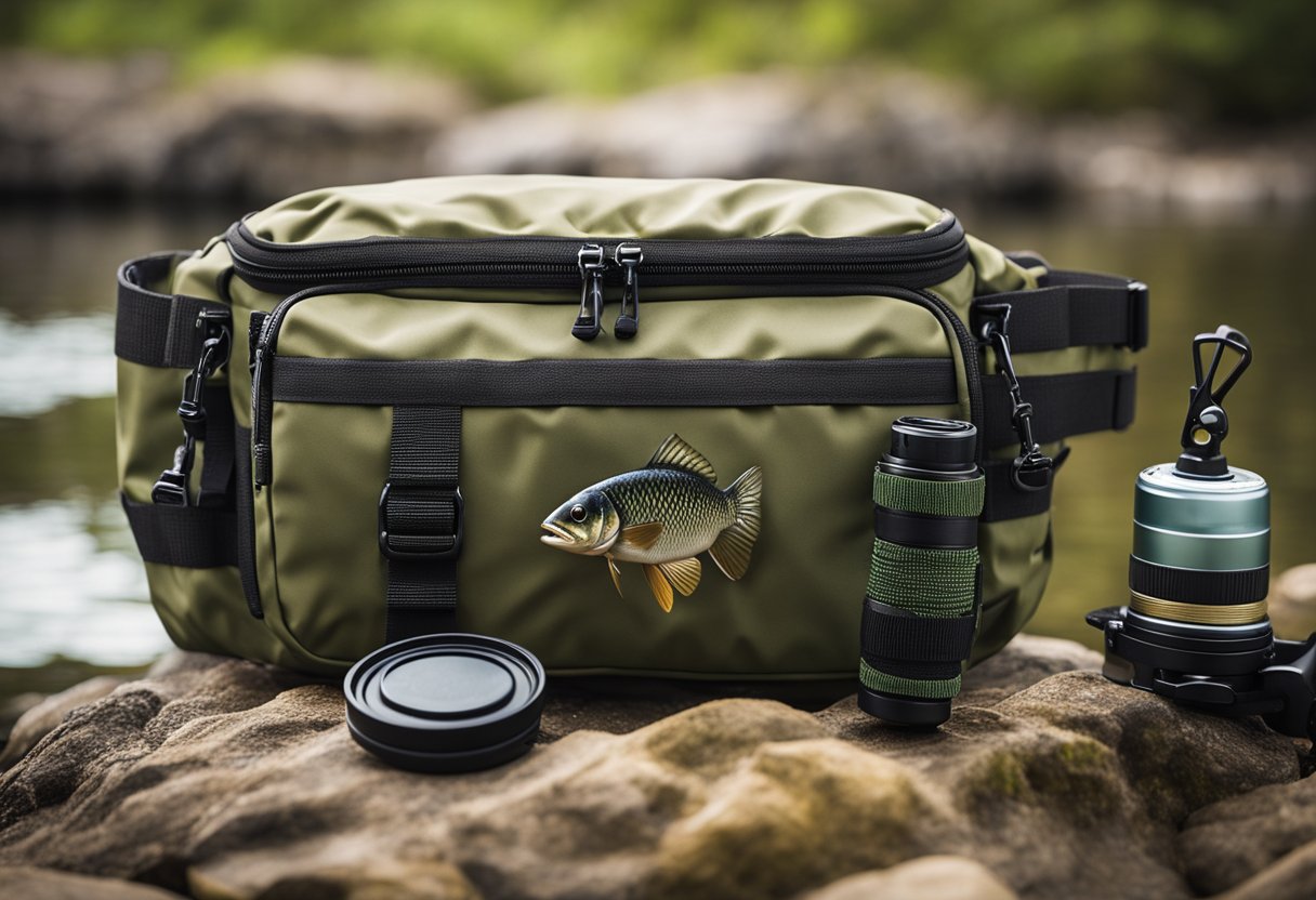 A waterproof fishing waist pack with fly fishing gear and a freshly caught fish