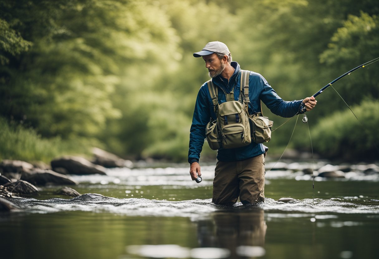 A fisherman wearing a waterproof waist pack stands in a stream, casting a fly fishing line into the water
