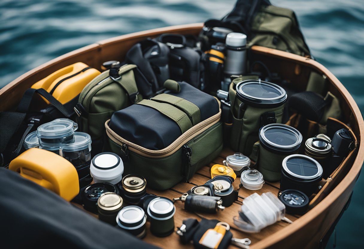 A fishing waist pack surrounded by fishing gear and tackle on a boat deck
