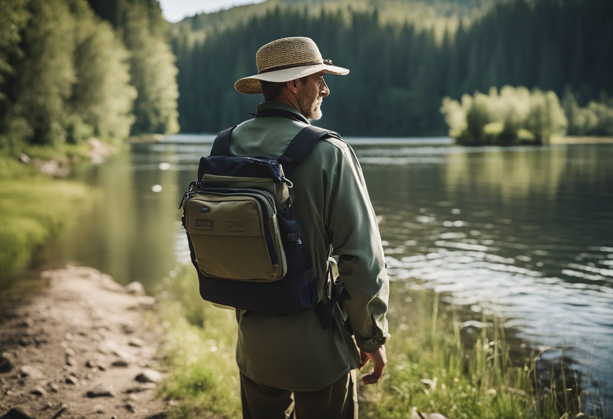 A fisherman stands by a serene river, wearing a fishing waist pack. The pack is open, revealing various compartments and fishing accessories