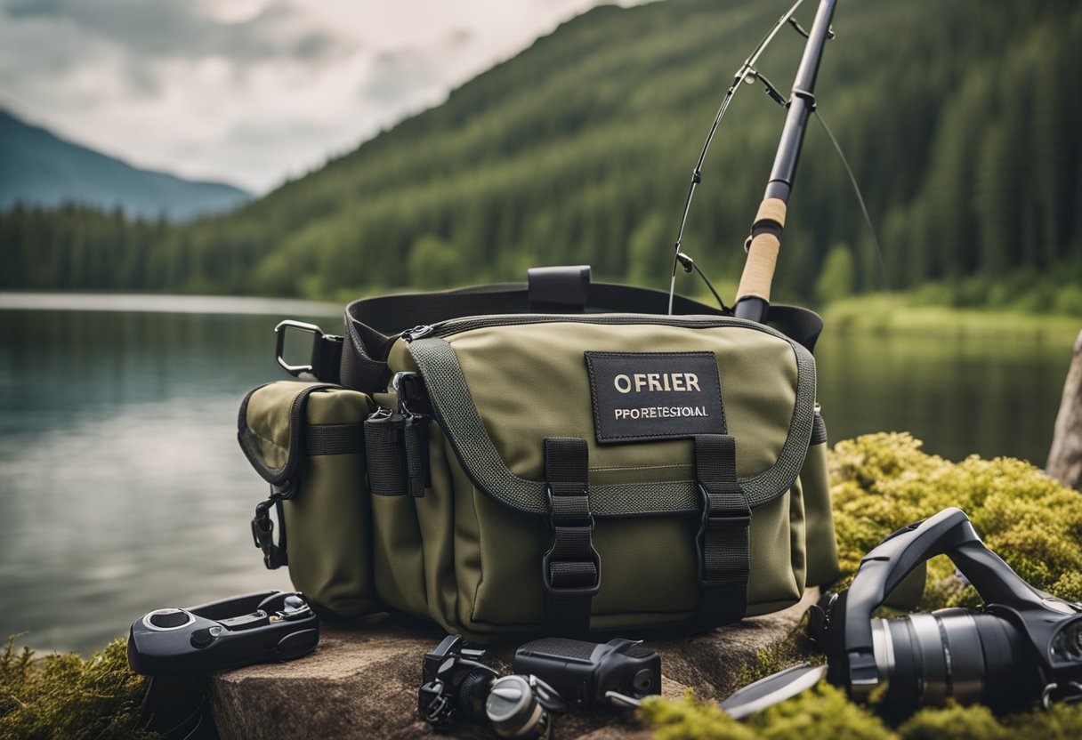 A fishing waist pack with a built-in rod holder, surrounded by fishing gear and a serene lake in the background