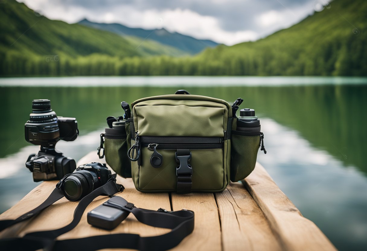 A fishing waist pack with multiple compartments, a built-in rod holder, and adjustable straps, set against a backdrop of a serene lake and lush greenery