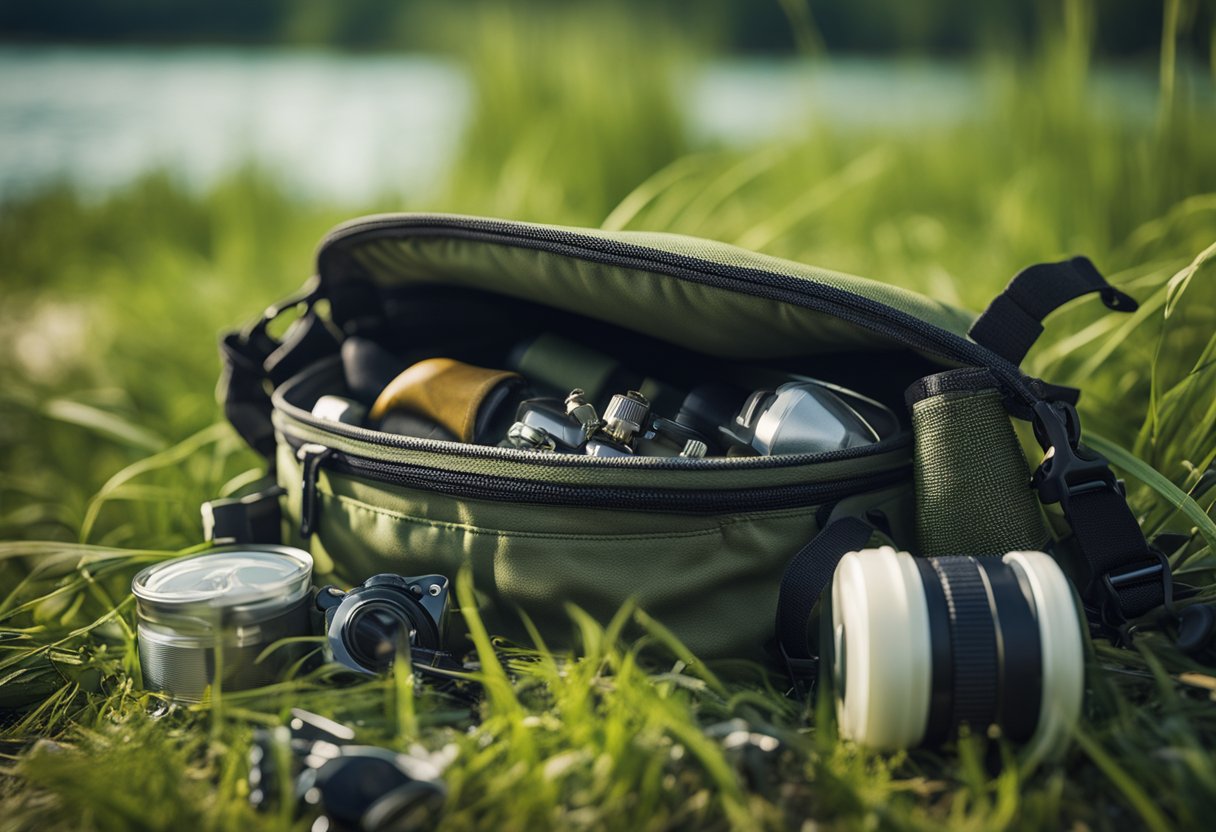 A fishing waist pack lying open with various fishing gear spilling out onto a grassy riverbank