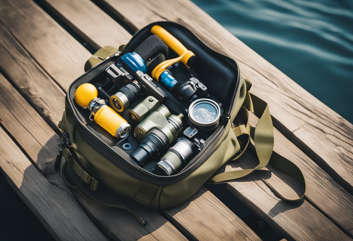 A fishing waist pack lying open on a wooden dock, surrounded by scattered fishing gear and a serene lake in the background