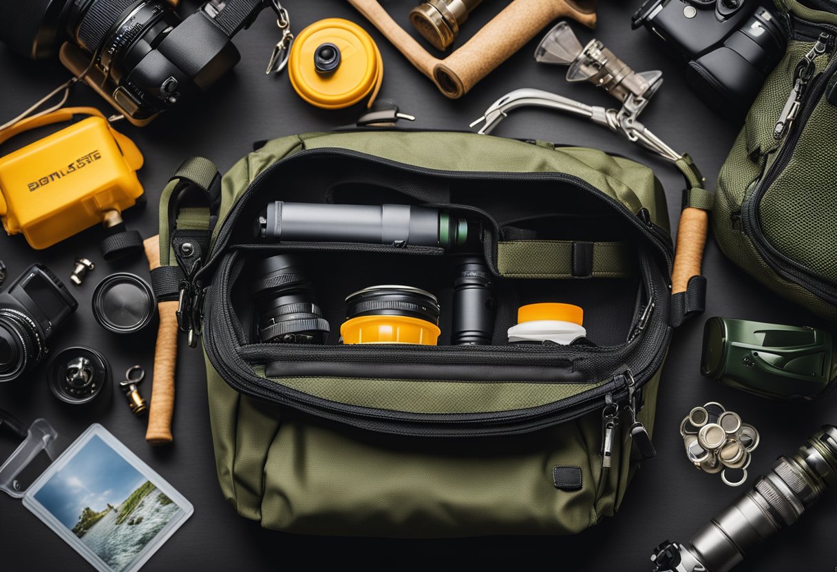 A fishing waist pack with various compartments and pockets, surrounded by fishing gear and equipment