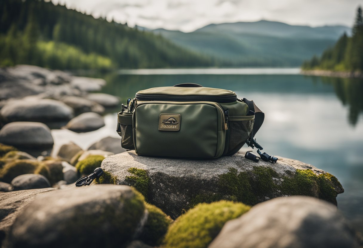 A fishing waist pack with a rod holder attached, sitting on a rocky shoreline next to a calm lake