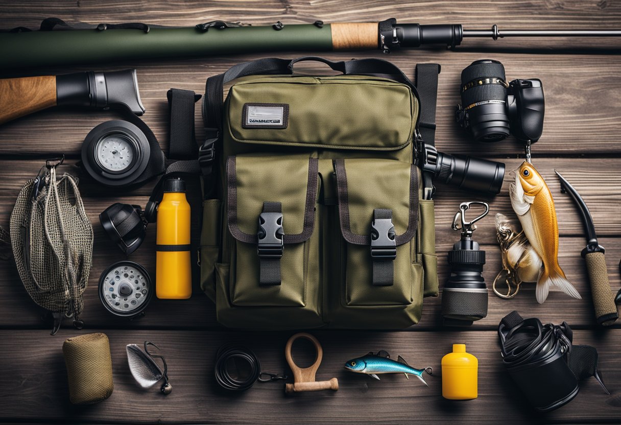 A fishing waist pack lies open on a wooden dock, surrounded by scattered fishing gear and a pair of waders