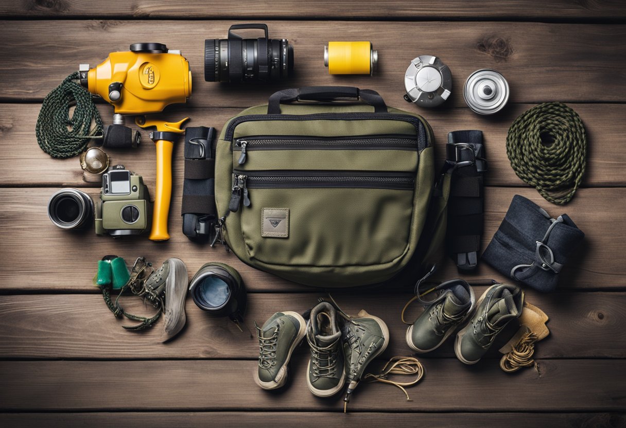 A fishing waist pack lying open on a wooden dock, surrounded by scattered fishing gear and a pair of worn fishing boots