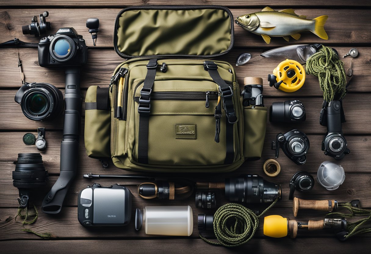 A fishing hip pack surrounded by various fishing gear and equipment