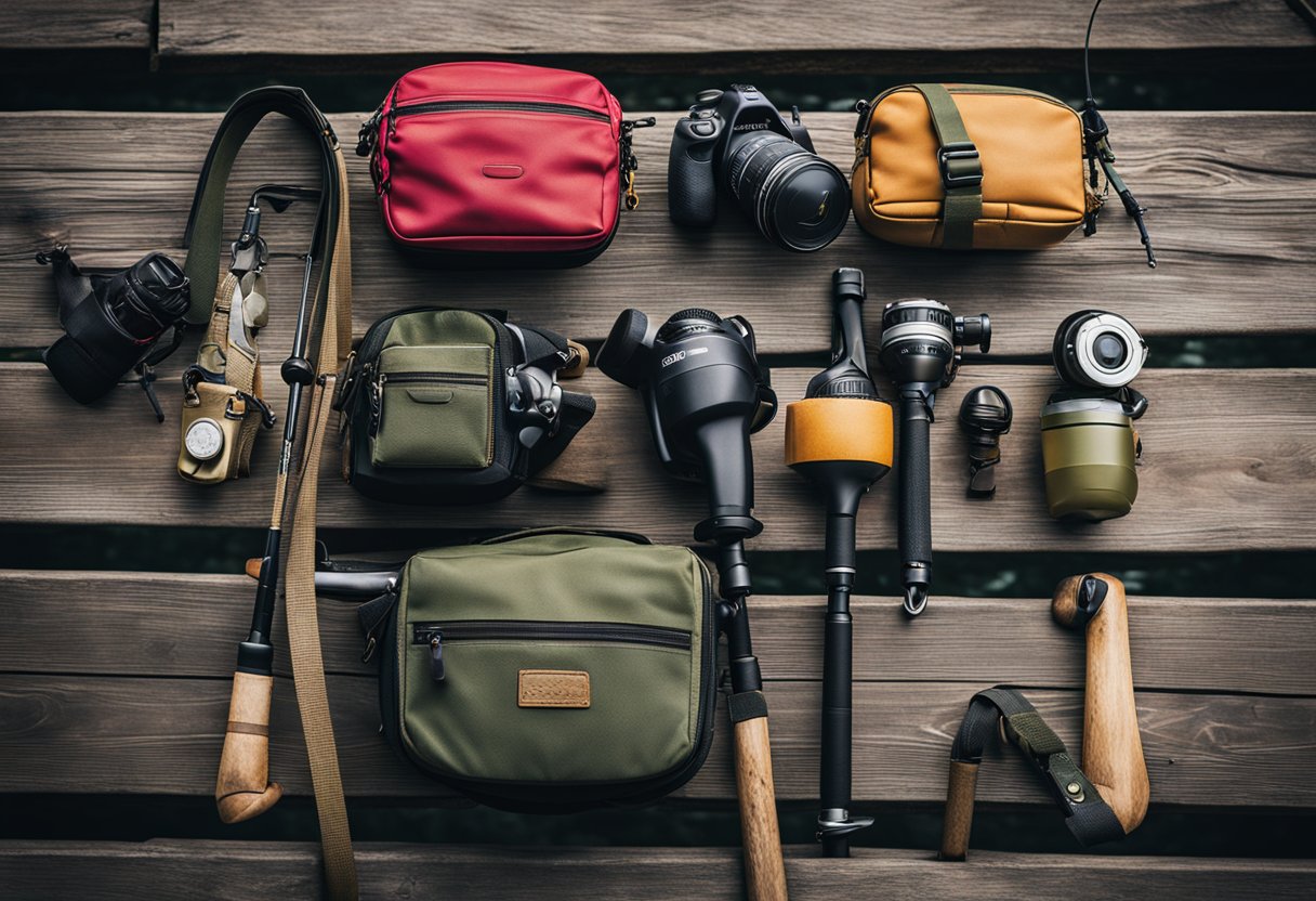 A collection of fishing hip packs arranged on a wooden dock with a fishing rod and reel leaning against a weathered post