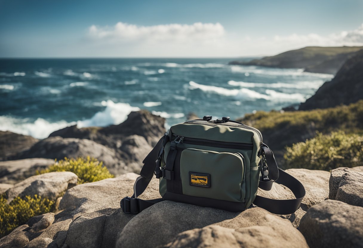 A compact fishing hip pack with waterproof zippers, set against a backdrop of a rugged coastline and crashing waves, ready for saltwater fishing