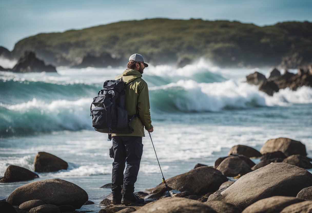 A fisherman stands on a rocky shore, casting a line into the churning waves. A compact fishing hip pack with waterproof zippers sits at his feet, ready for a day of saltwater fishing