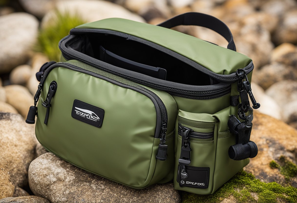 A compact fishing hip pack with waterproof zippers, designed for sustainable saltwater fishing