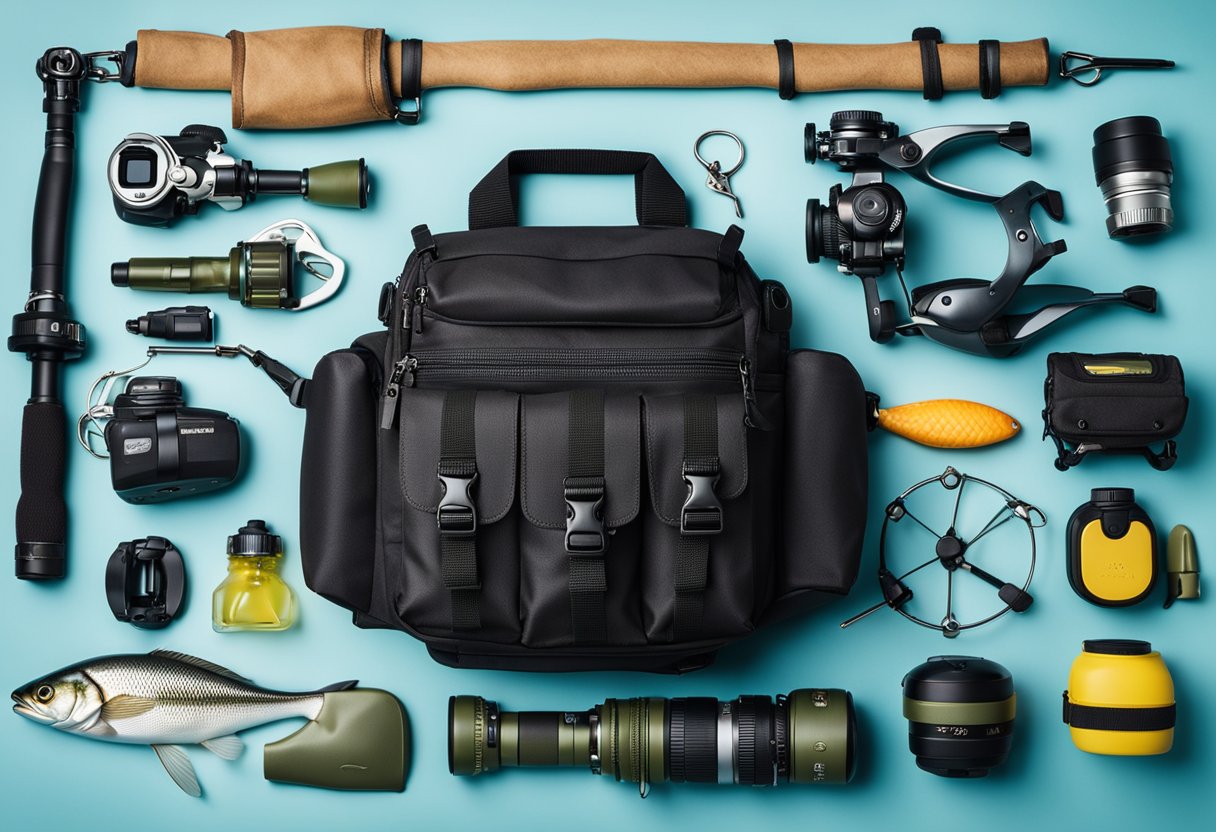 A fishing hip pack surrounded by various fishing gear and accessories