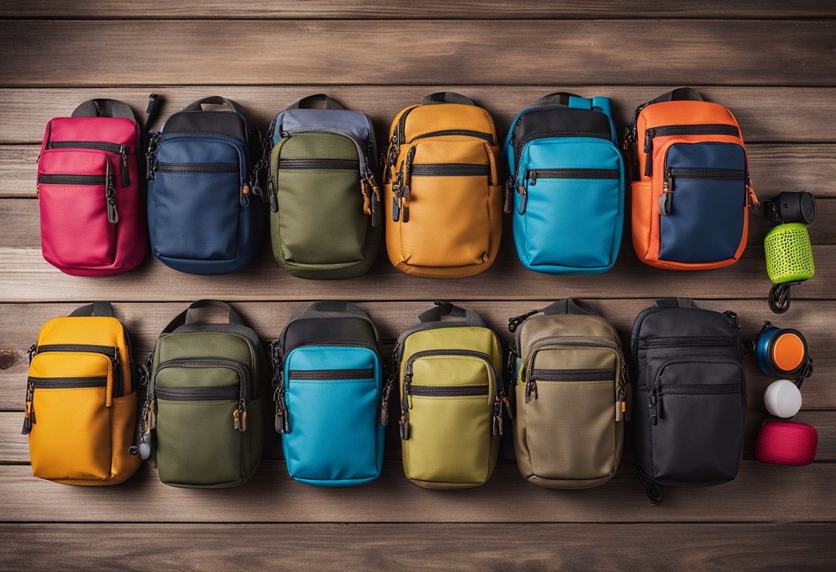 A colorful array of fishing hip packs arranged in a neat row on a rustic wooden table, with various pockets, zippers, and straps visible