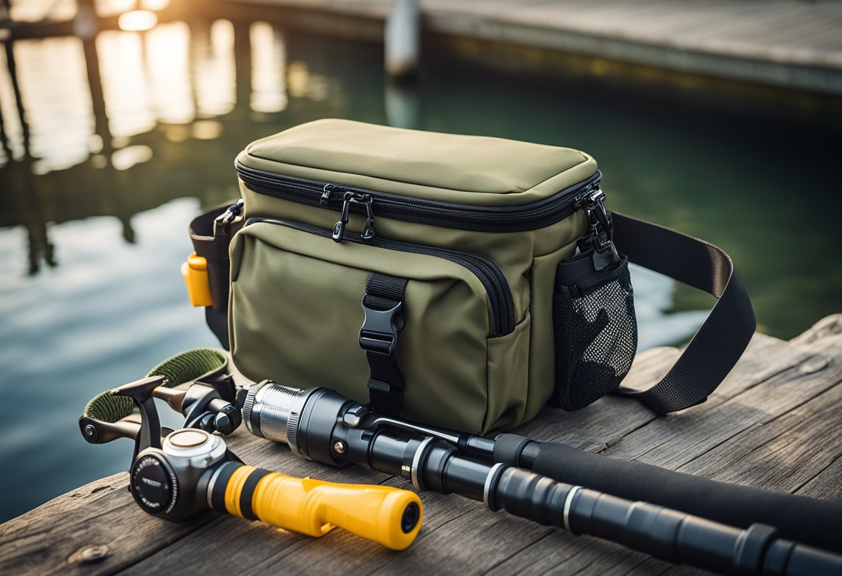 A fishing hip pack with rod holder and tackle attached, ready for a day of fishing by the water