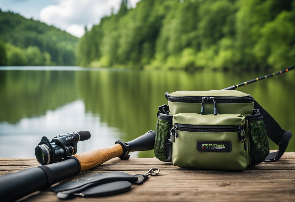 A fishing hip pack with rod holder and tackle, set against a backdrop of a serene river and lush greenery