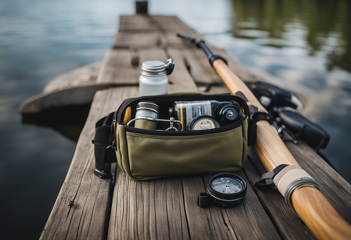 A fishing hip pack with rod holder and tackle accessories laid out on a rustic wooden dock by a serene lake