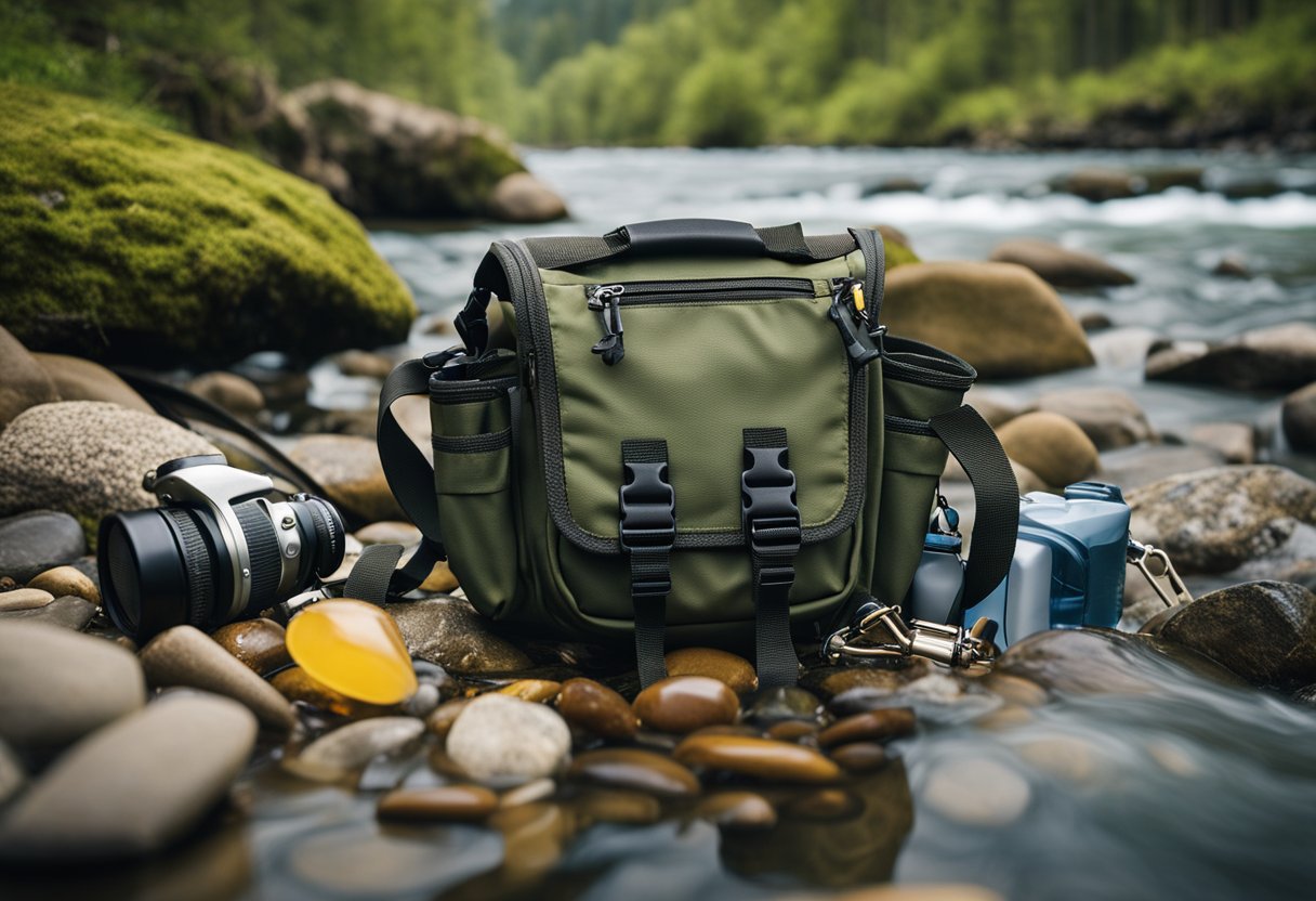 A fishing hip pack lying open on a rocky riverbank, with various fishing gear spilling out