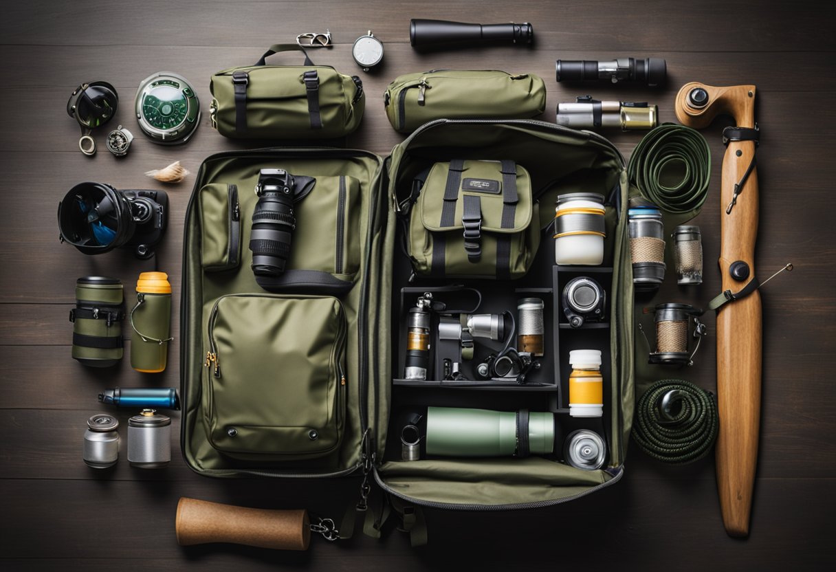 A waterproof fly fishing backpack with various fishing tackle scattered around it