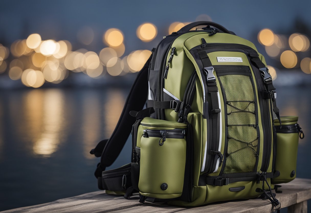 A compact fishing backpack with waterproof zippers, equipped for saltwater fishing