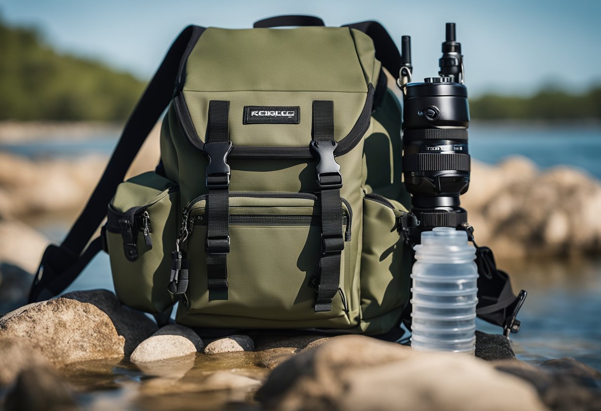 A compact fishing backpack with waterproof zippers sits by the water's edge, ready for a saltwater fishing adventure