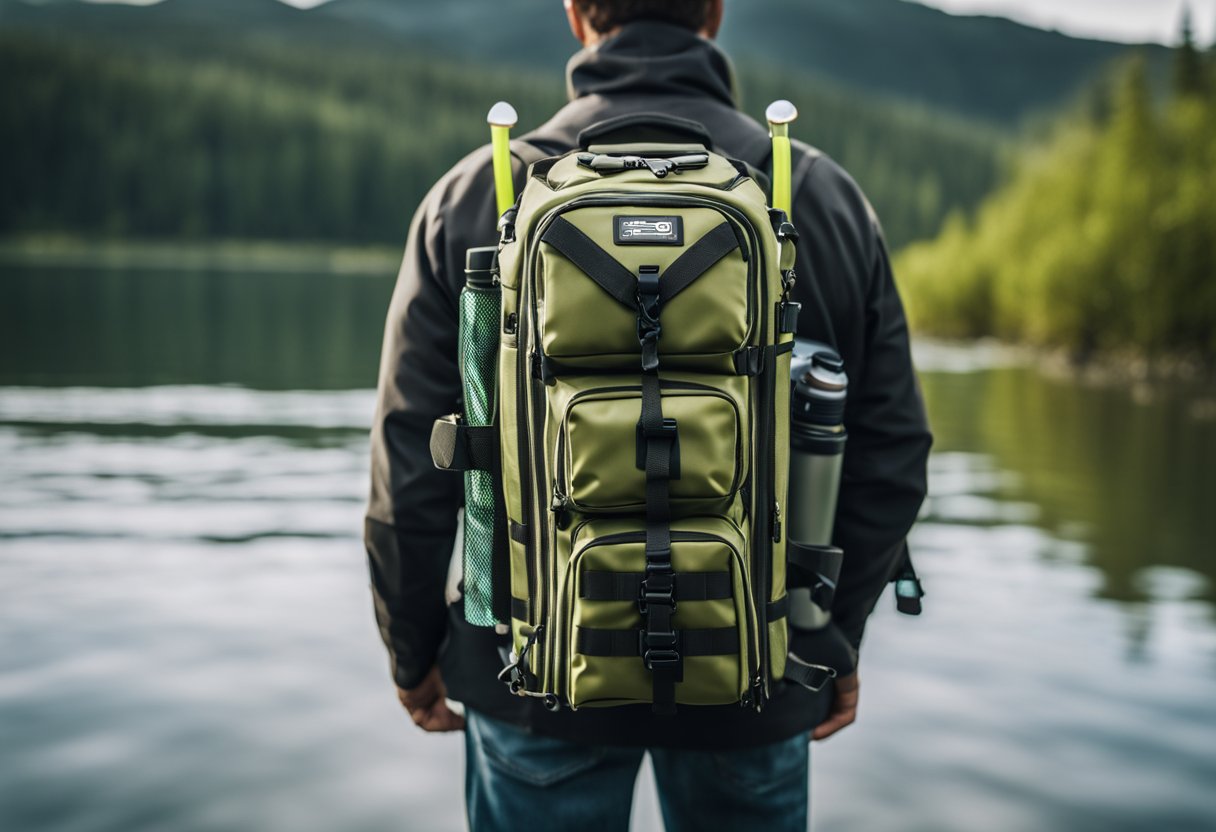 A compact fishing backpack with waterproof zippers, equipped for saltwater fishing