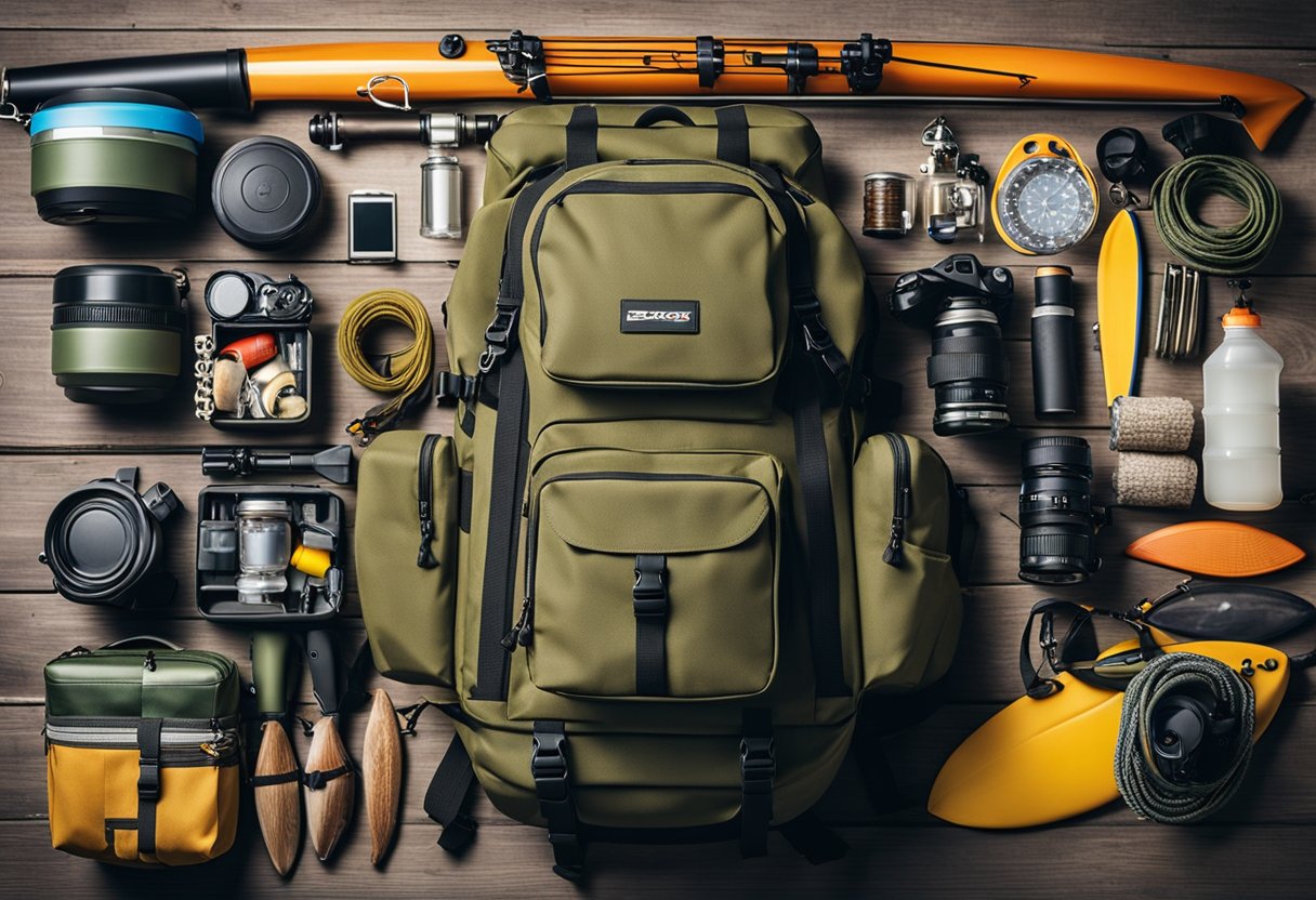 A fishing backpack with multiple compartments and pockets, a kayak and surf fishing gear, and a tackle box with various fishing equipment scattered around