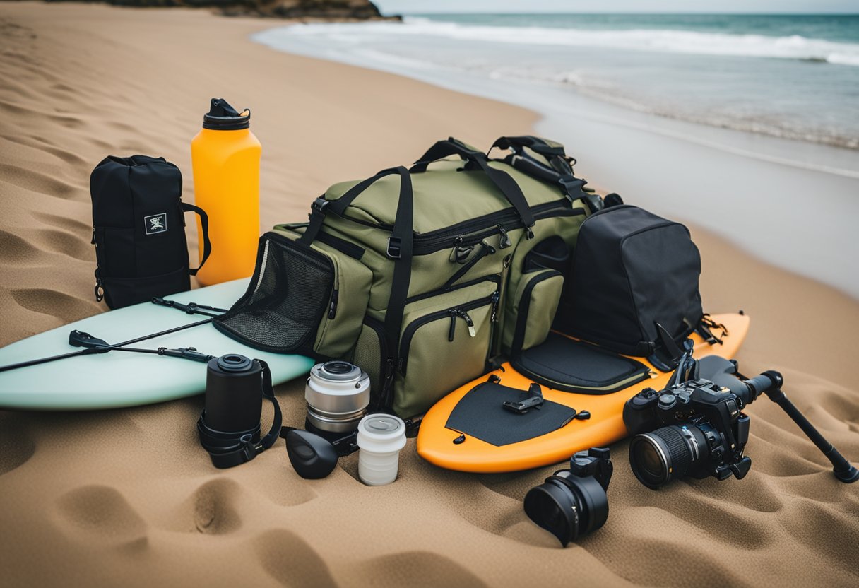 A fishing backpack filled with gear, a kayak, and a surf rod on a sandy beach with waves in the background