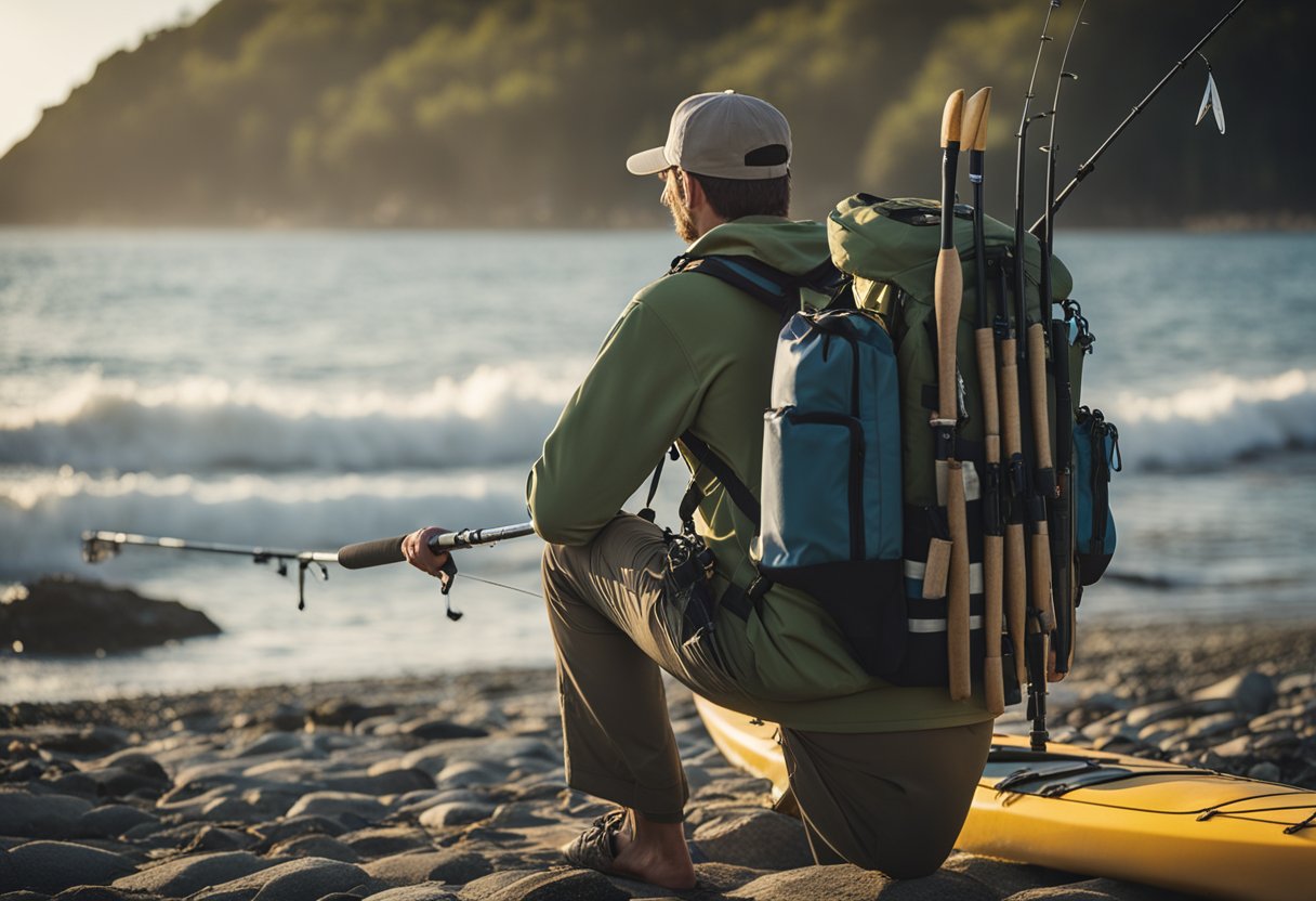A person wearing a fishing backpack with fishing rods, tackle, and a kayak, standing on the shore with a surfboard and tackle box nearby