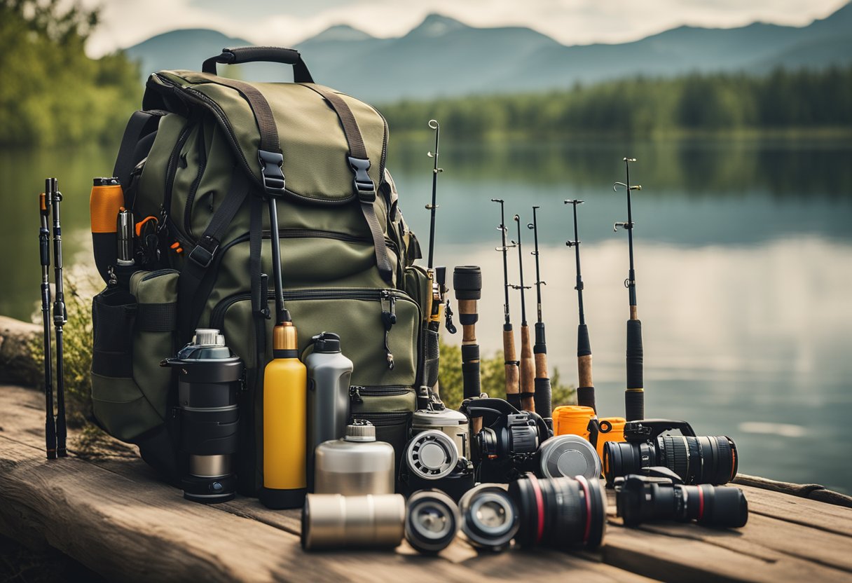 A fishing backpack surrounded by various fishing gear and equipment, including rods, reels, and tackle boxes, set against a backdrop of a serene lake or river