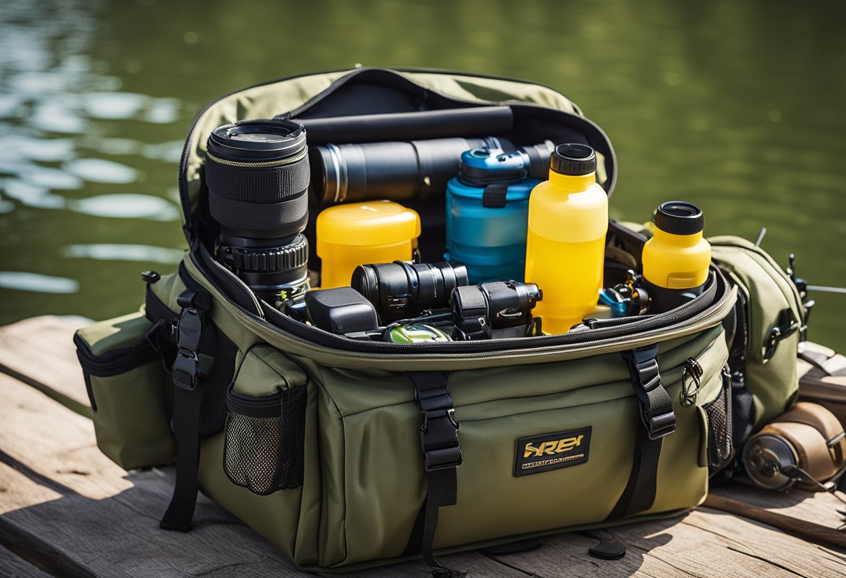 A fishing backpack lies open, revealing specialized compartments for tackle, a rod holder, and durable, water-resistant material