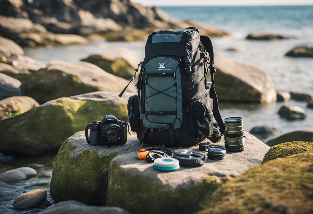 A compact fishing backpack with waterproof zippers sits on a rocky shore, surrounded by saltwater fishing gear and a scenic ocean view