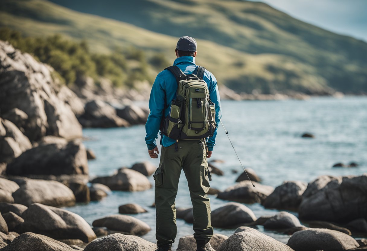 A fisherman stands on a rocky shoreline, selecting a compact fishing backpack with waterproof zippers for saltwater fishing