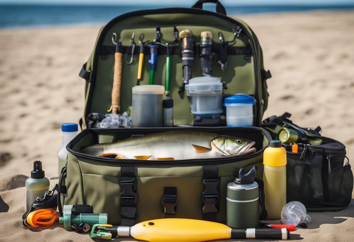 A fishing backpack with multiple compartments and pockets, containing fishing gear such as lures, lines, and hooks, sits next to a tackle box on the shore
