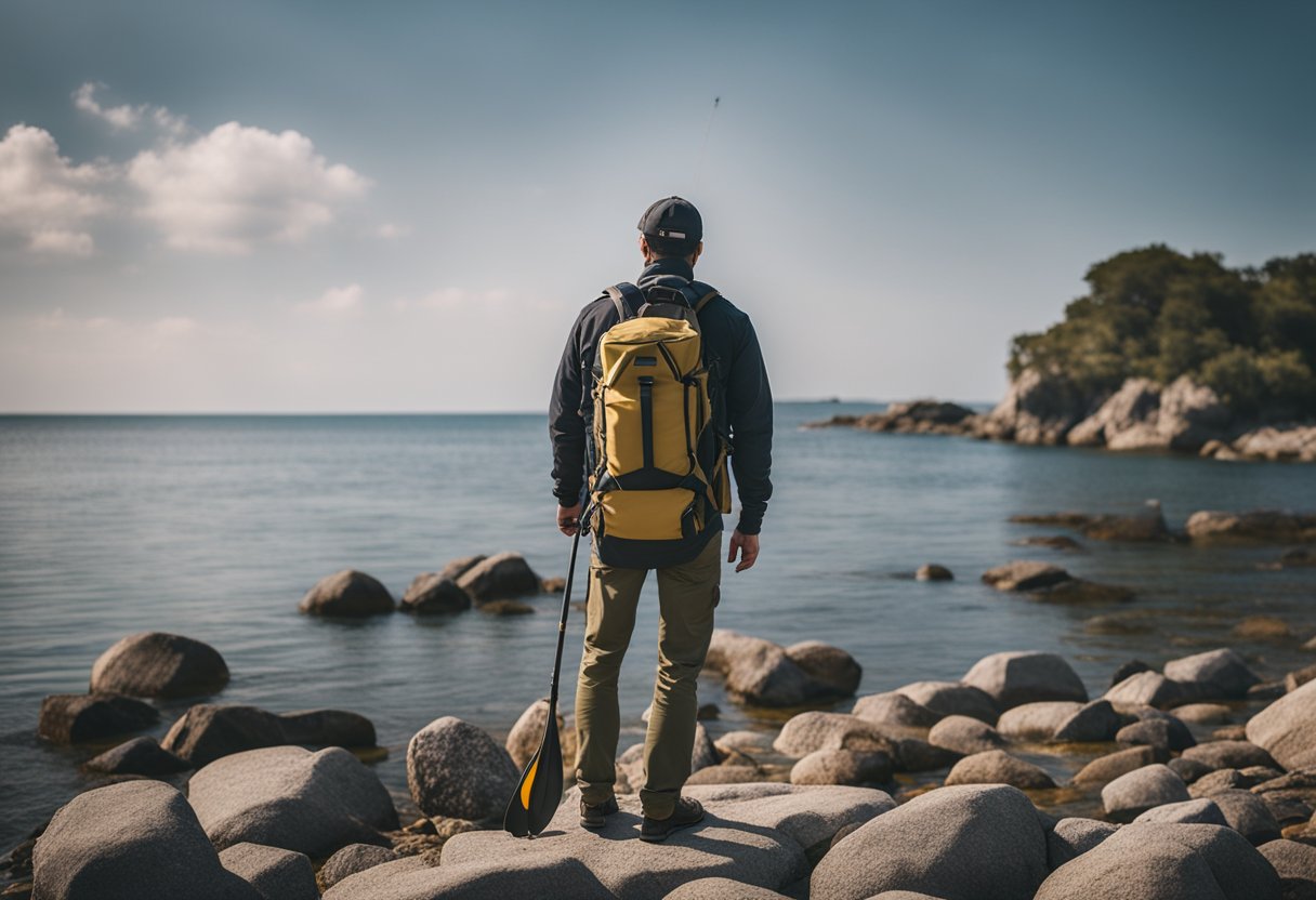 A person standing on a rocky shore, wearing a fishing backpack and holding a kayak paddle, with a fishing rod and tackle box nearby