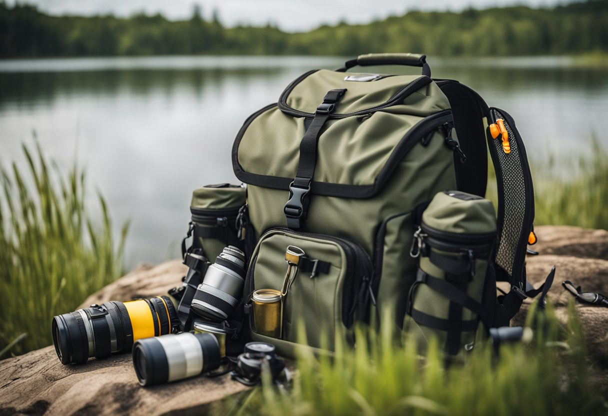 A cheap fishing backpack purchased on Amazon, filled with fishing gear and equipment, lying on the shore of a tranquil lake
