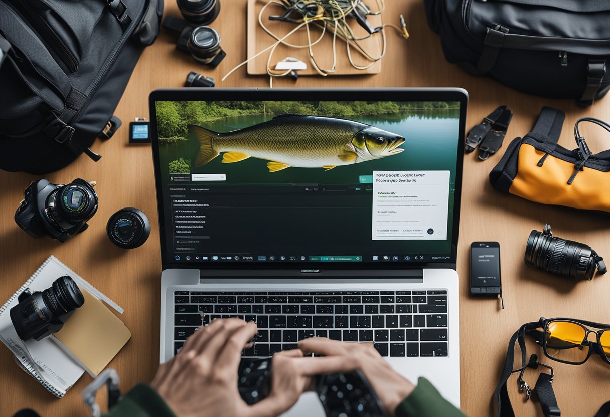 A person browsing a laptop, surrounded by fishing gear and backpacks, with an Amazon webpage open and reading fishing backpack reviews