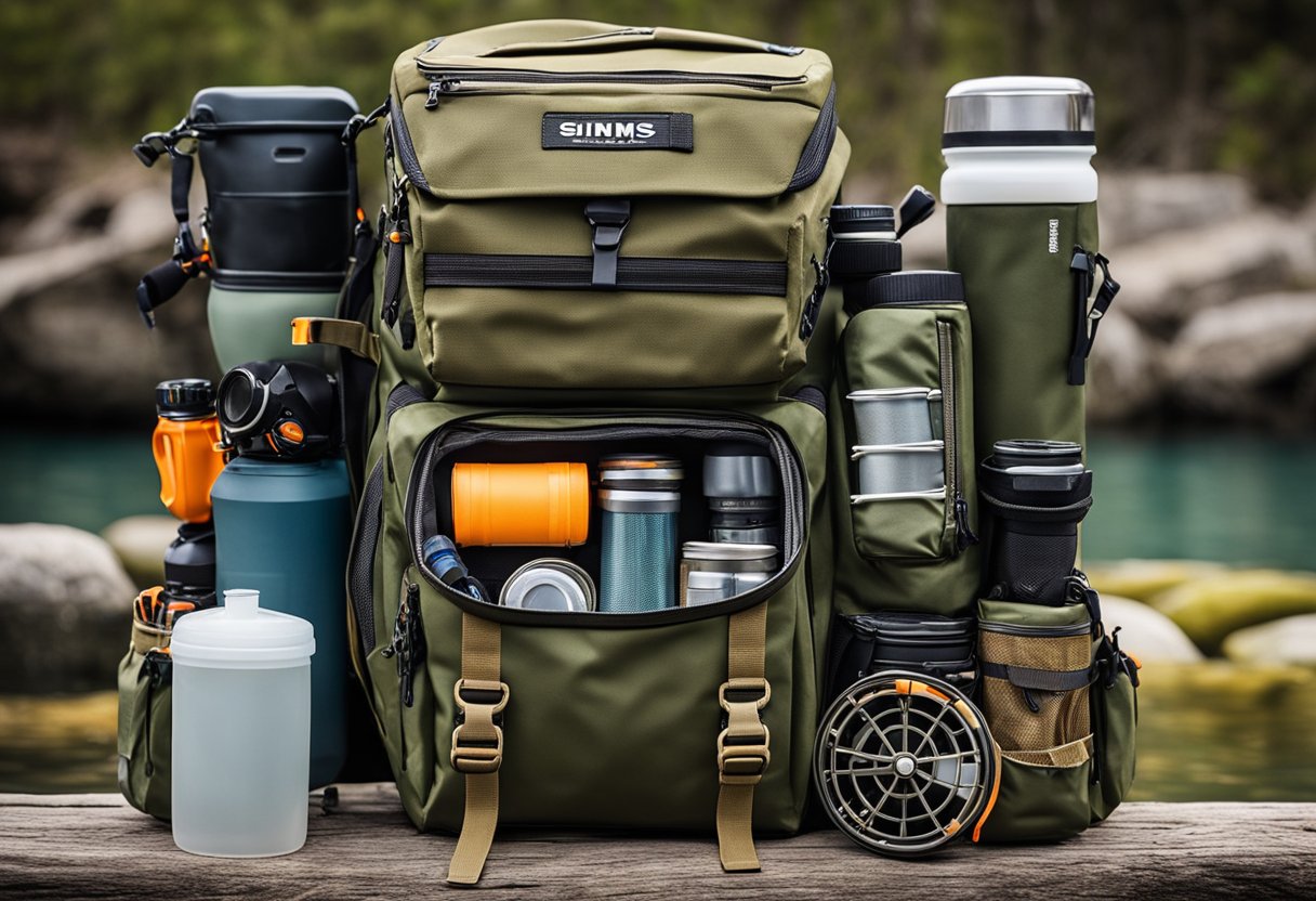 A fishing backpack with various pockets and compartments, filled with fishing gear and equipment from Simms, Orvis, Patagonia, and Fishpond
