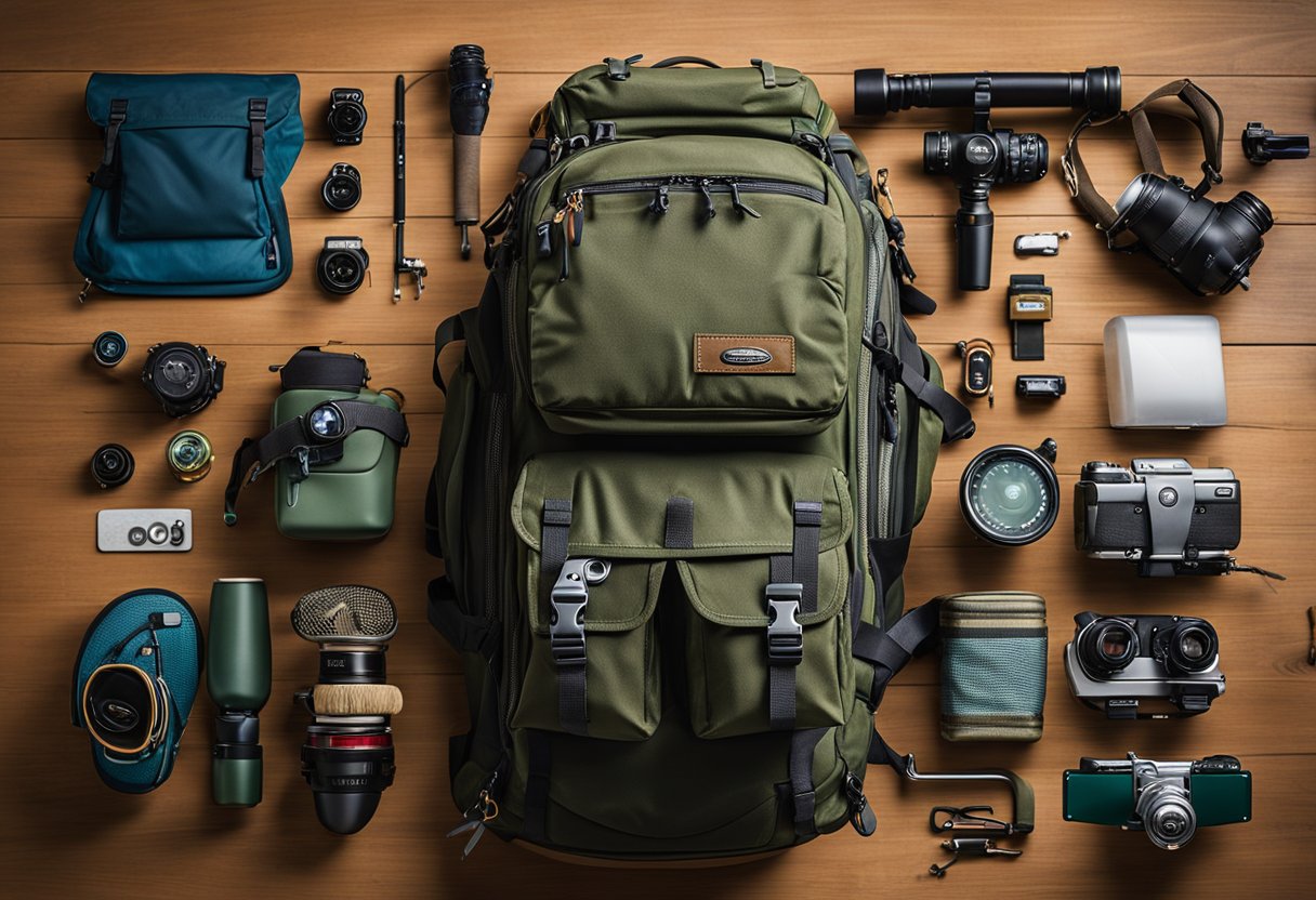 A fishing backpack surrounded by various essential gear for fly fishing enthusiasts, including Simms, Orvis, and Patagonia brands