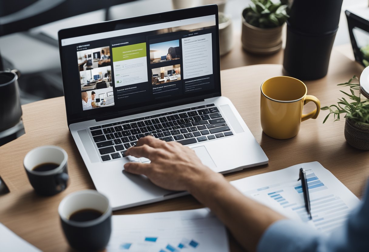 Osoba przeprowadzająca badania dotyczące pozyskiwania klientów, otoczona profilami person kupujących i spersonalizowanymi materiałami komunikacyjnymi