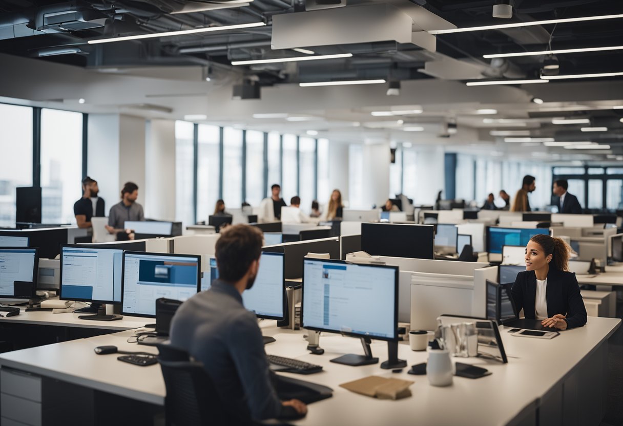 Tętniące życiem biuro z pracownikami zajmującymi się różnymi zadaniami, od poszukiwania potencjalnych klientów po personalizację person kupujących, z mieszanką działań outbound i inbound.