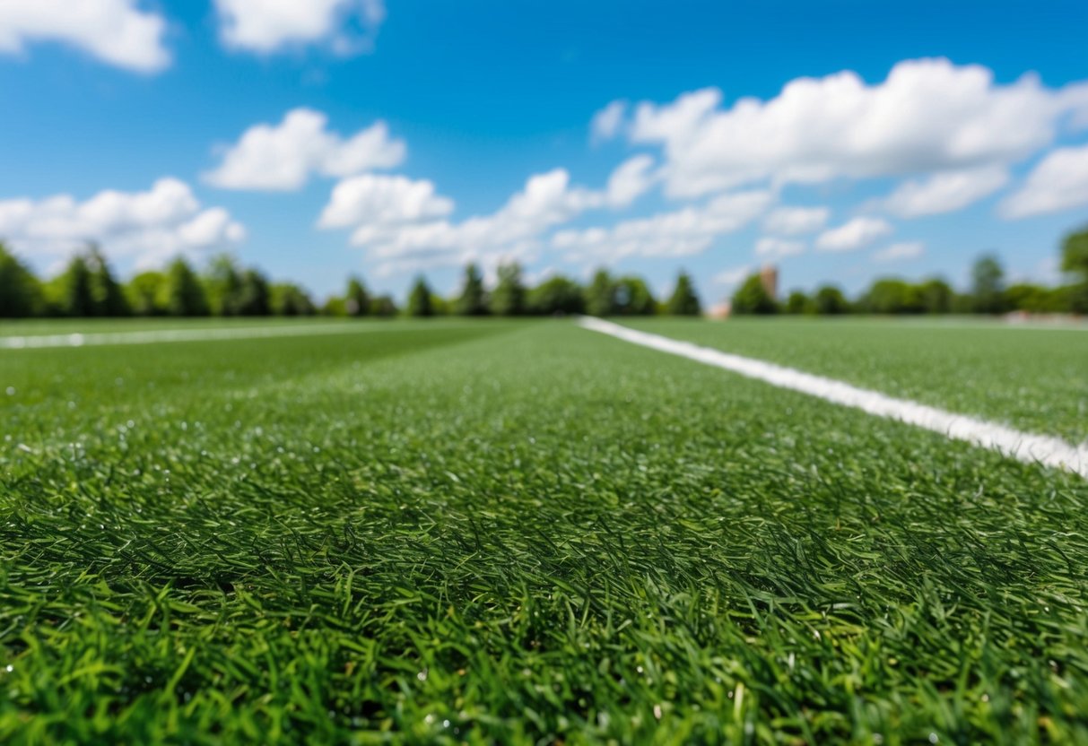 A lush green field made of artificial turf material stretches out under a bright blue sky, with no sign of natural grass